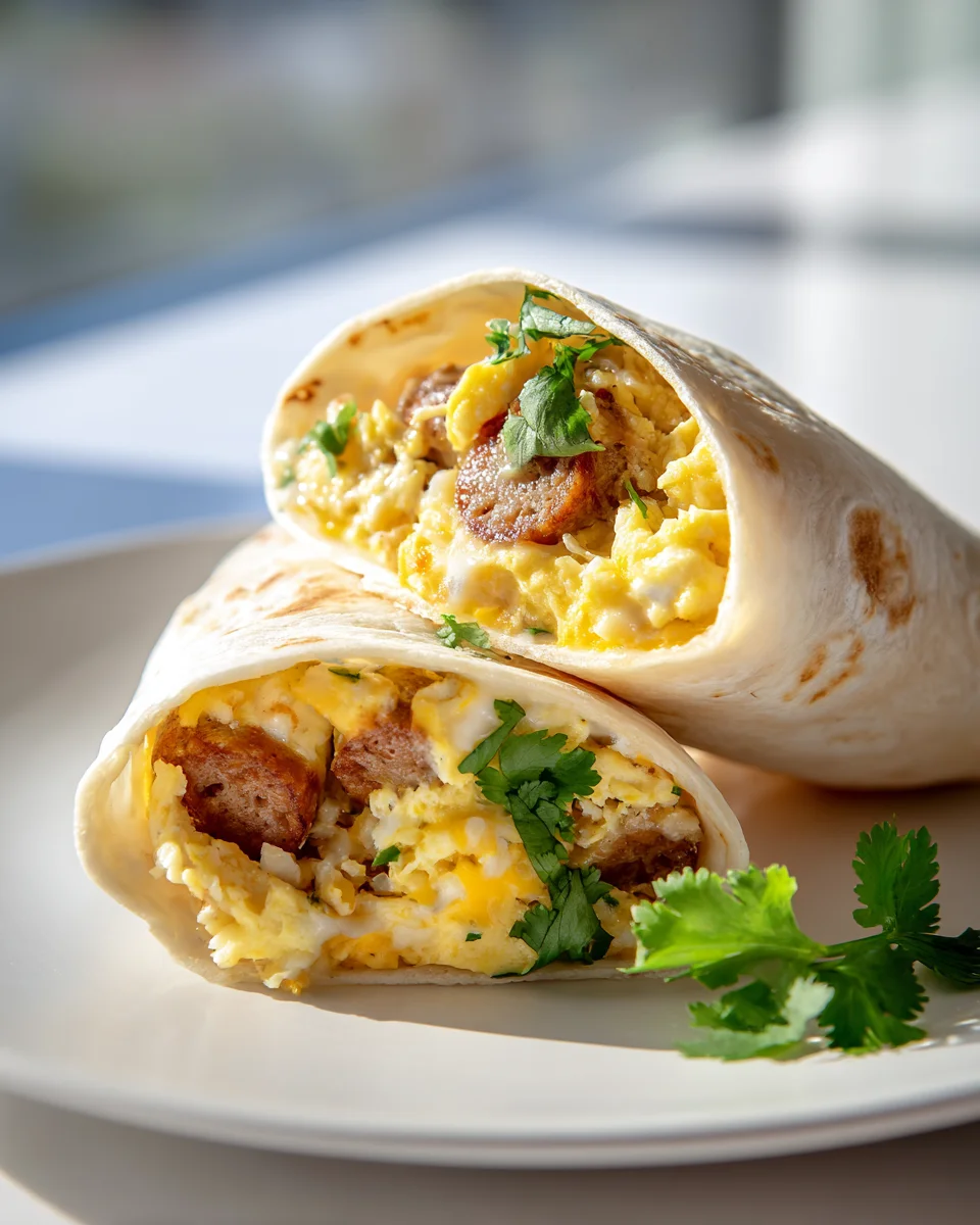 Savory Beef Sausage Egg & Cheese Breakfast Burrito Wraps