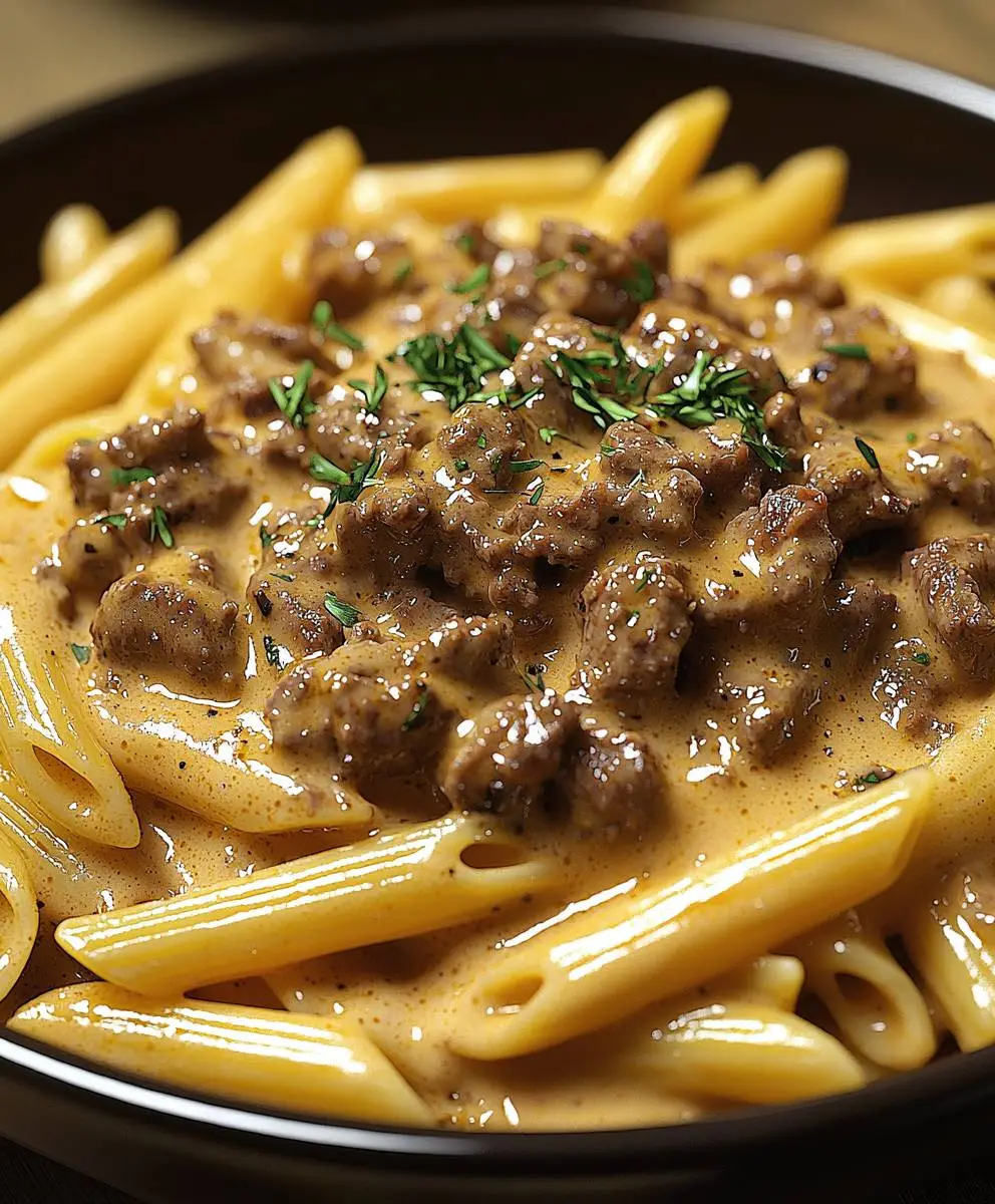 Creamy Beef Stroganoff Penne