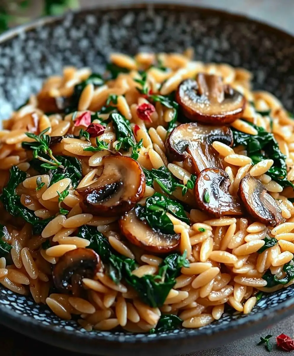 Orzo pasta with mushrooms spinach