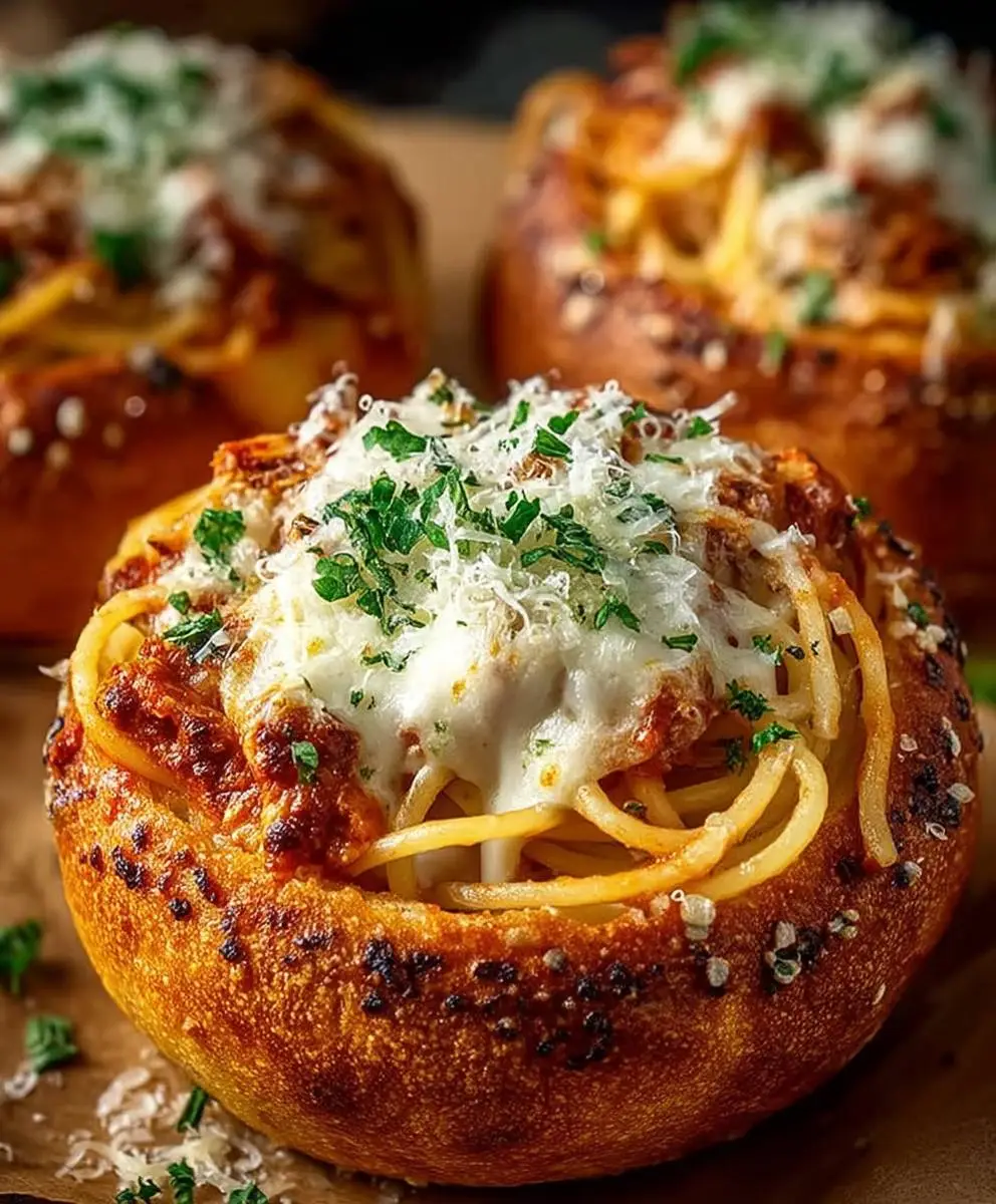 Spaghetti garlic bread bowls