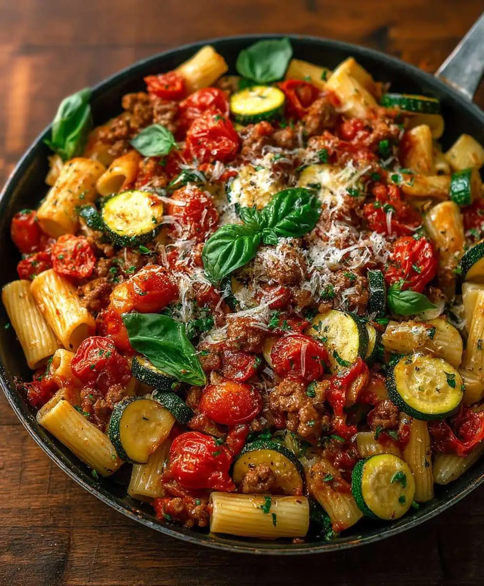 Rigatoni sausage tomato zucchini