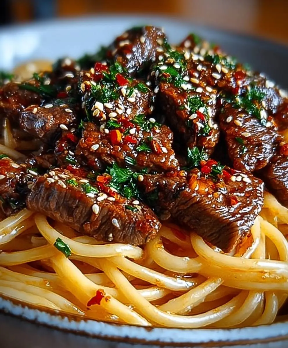 Sweet Spicy Garlic Steak Pasta