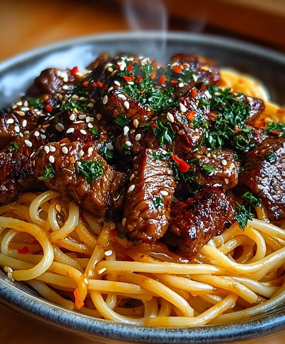 Sweet Spicy Garlic Steak Pasta