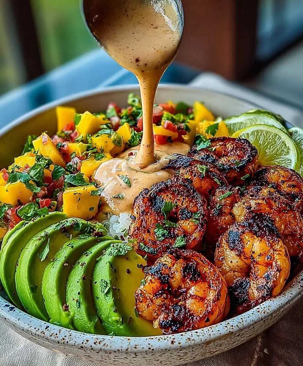 Shrimp avocado mango bowls